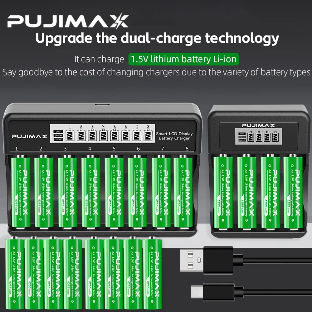 

PUJIMAX Rechargeable Li-ion Battery 1.5V AA 4200mWh AAA 1100mWh+Charger for Clock Radio Video Game Digital Camera AA AAA Battery