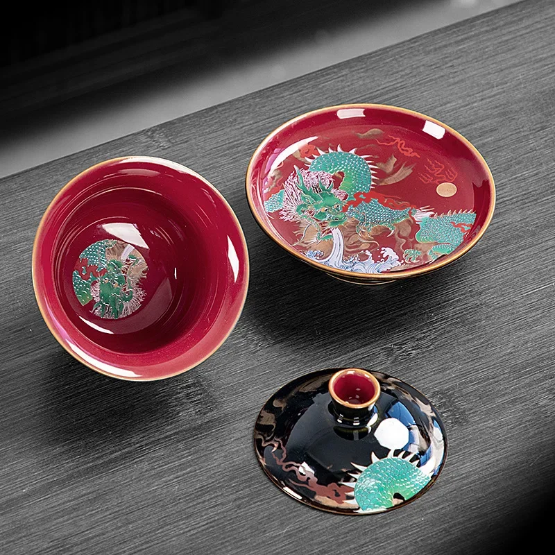 Chinese Green Dragon Gaiwan Wired Enamel Ceramic Jucai Tea Bowl Vintage Palace Style Kung Fu Tea Set Luxurious Business Gifts