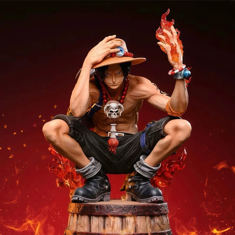 

One Piece Ace Figure Flame Barrel Squatting Pose Anime Statue Dual Head Swap Hand Model Desk Decor Collectible Gift Toy