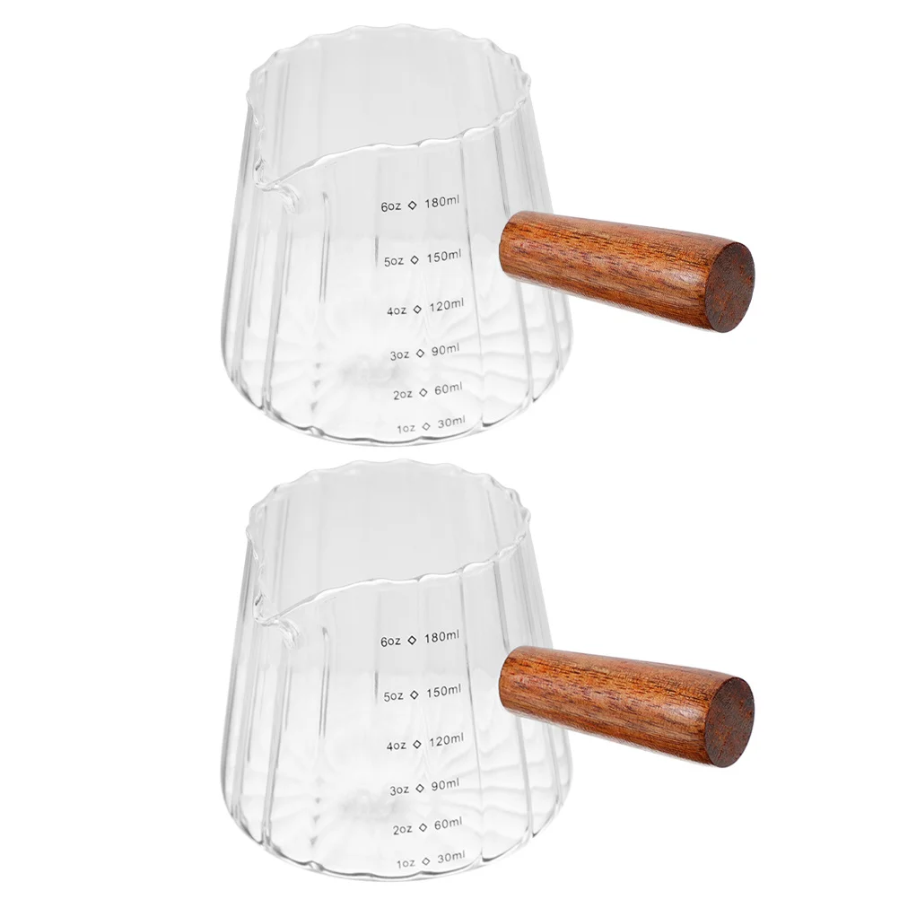 

2Pcs Glass Milk Measuring Cup Pitcher Wooden Handle Heat-Resistant Coffee Creamer Syrup Milk Glass Household Kitchen