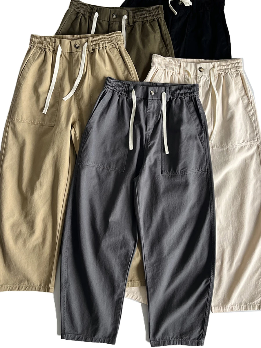 

Мужские широкие брюки в японском стиле ретро, ​​хлопковая рабочая одежда, повседневная свободная одежда с эластичной резинкой на талии, универсальная осенняя одежда