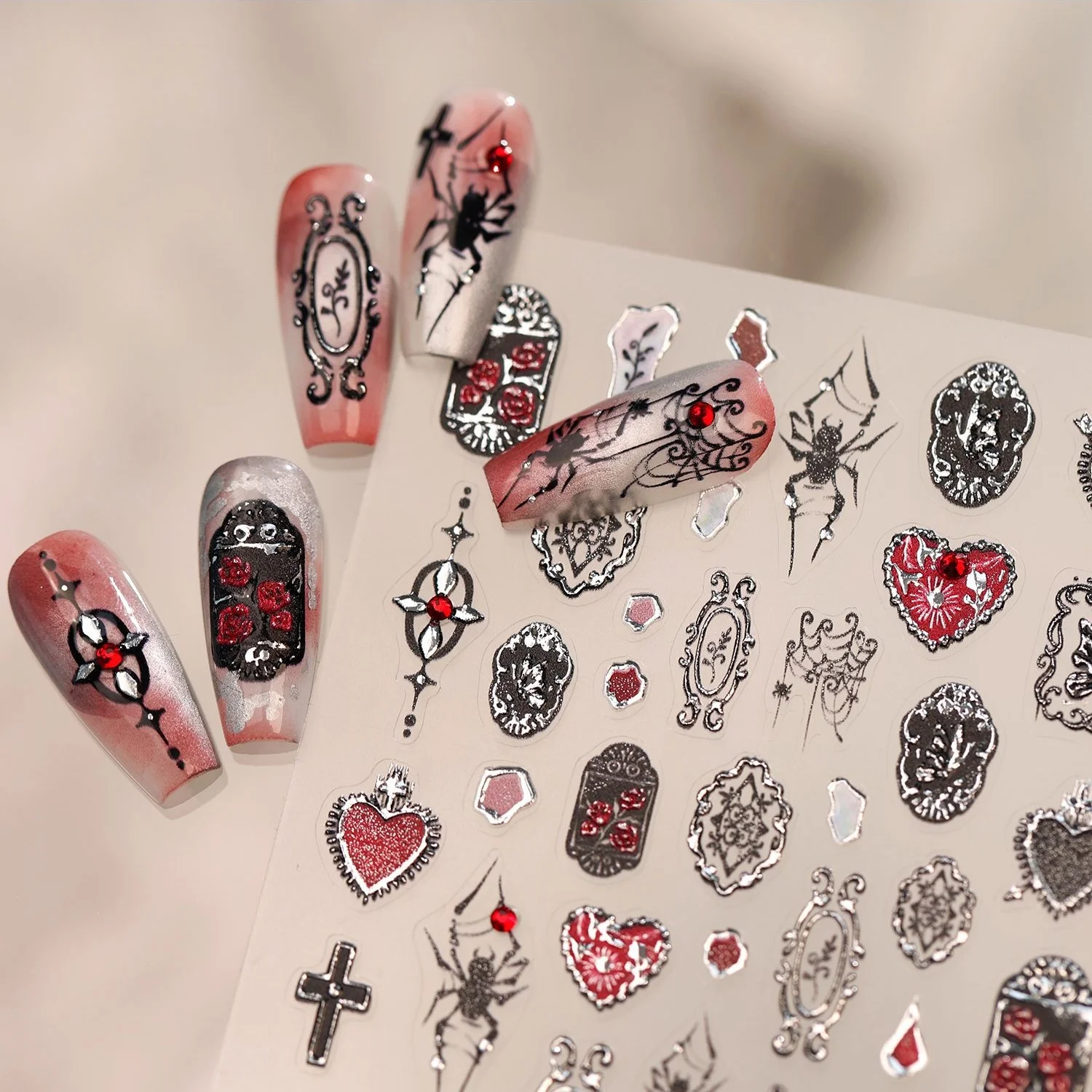 Dark Gothic Nail Decals 5D Red Black Spider Ornate Lace Border Spider Love Cross Diamond Rhinestone Nail Stickers Accessories