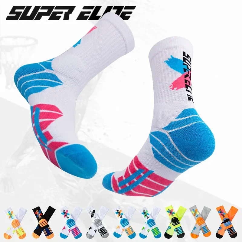 1 Pair Men High Tube Basketball Sports Socks Thick Towel Sole Shockproof Breathable Contrast Color Elite Athletic Socks