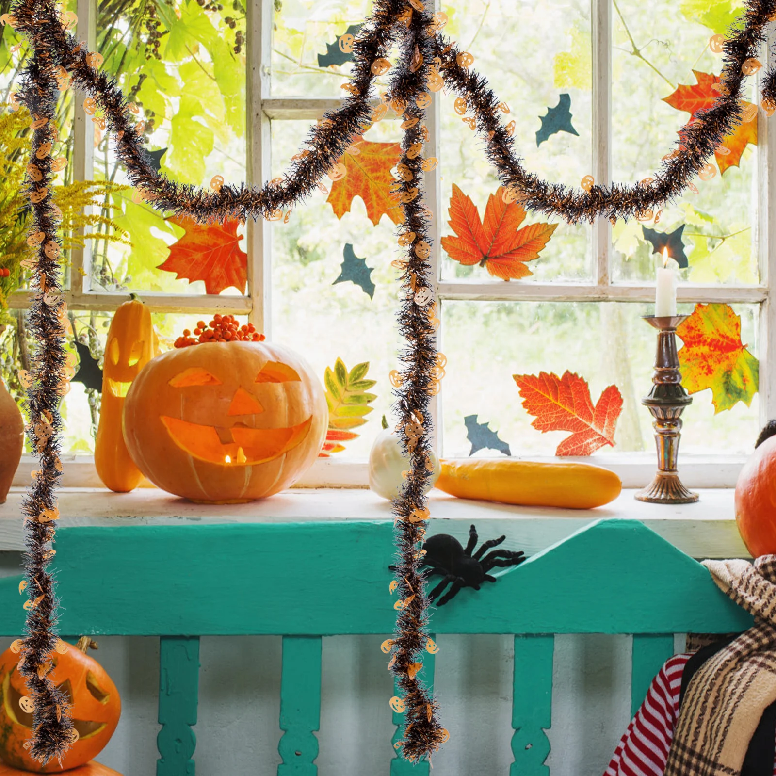 

3Pcs Halloween Tinsel Garland Shiny Bright Color Festive Decorations Indoor Outdoor Party Decor Wall Window Fireplace Decor