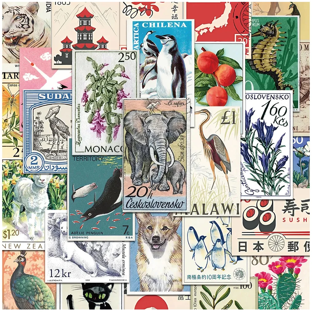 

10/30/50pcs Vintage Animals Stamp Stickers Cartoon Flowers Plant Sticker Decorative Notebook Laptop Phone Wall Graffiti Decals