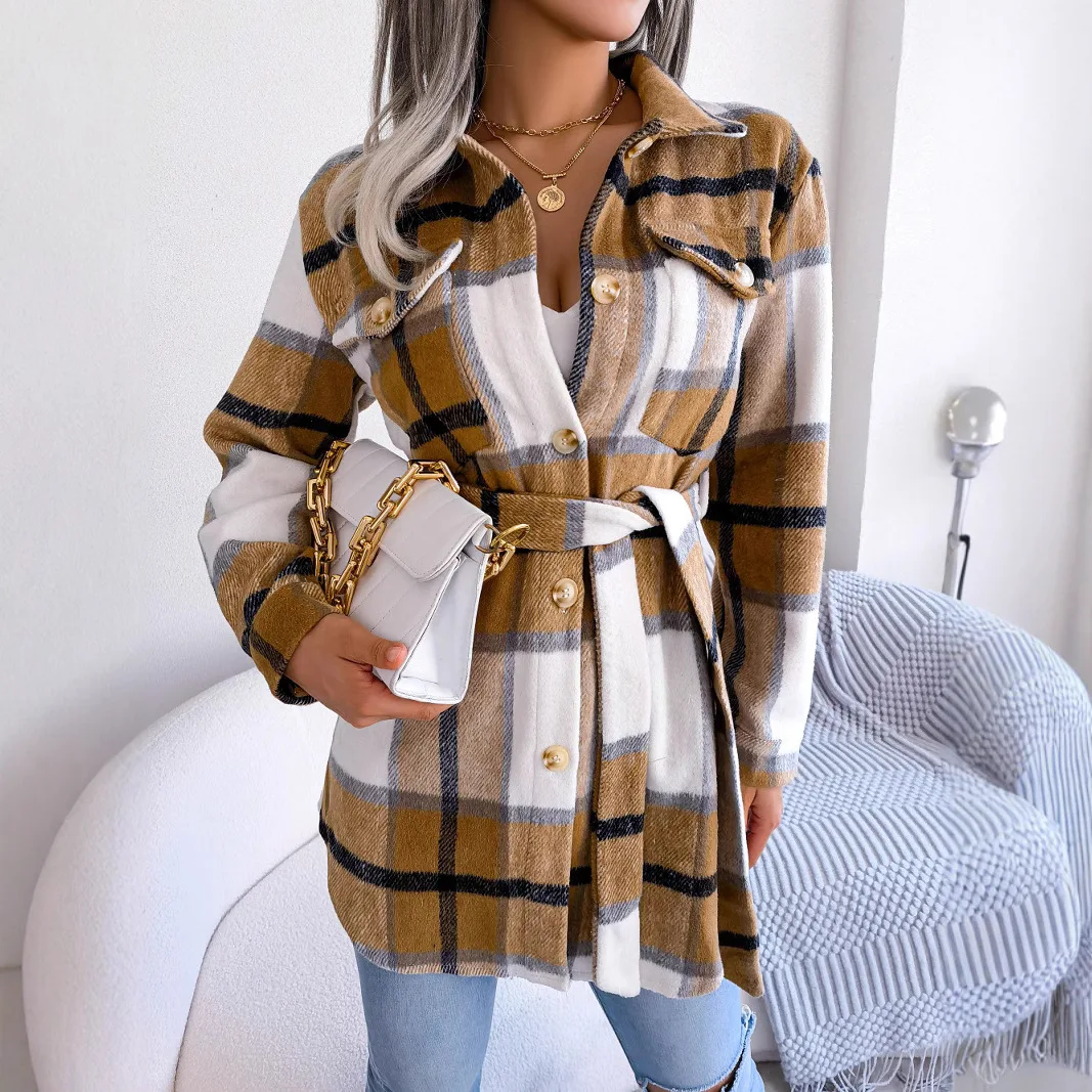 2025 New Fashion Retro Street Wear Casual Color Block Checkered Long Sleeve Tie-up Thickened Wool Coat Women's Clothing