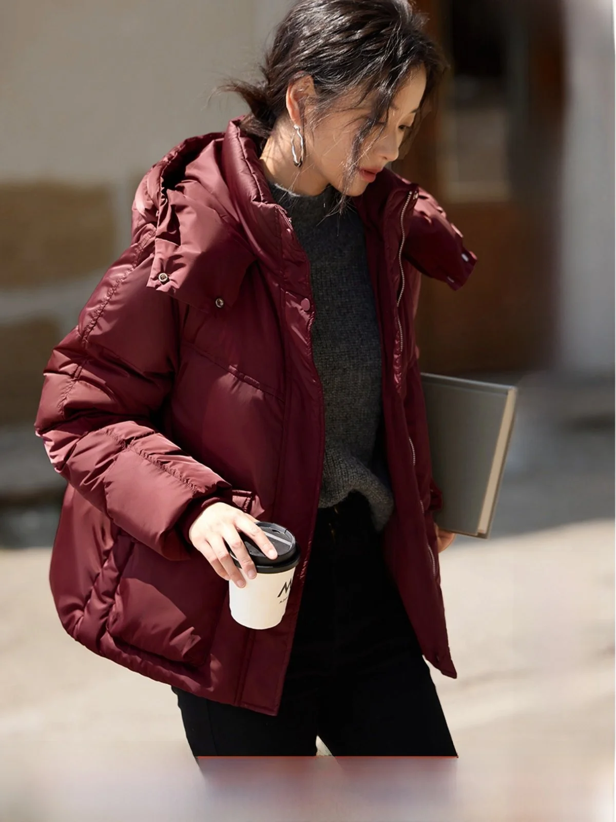 

XWI Women's ort Puffer Jaet Red Fluffy Ne Design Winter Warm Coat Polyester Fiber Du down Filling Commuter Sle