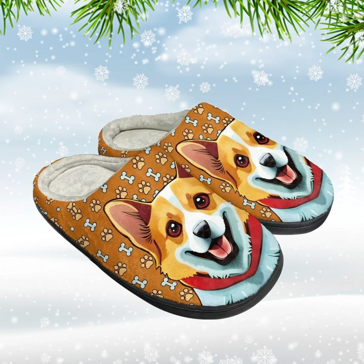 INSTANTARTS Cute Corgi Cartoon Slippers for Women Men Indoor Floor Shoes Unisex Silence Slides Bone Print Bedroom Slipper Winter