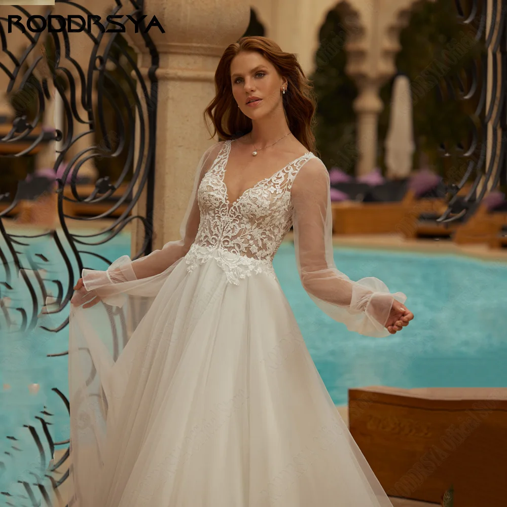 Roddrsya princesse robe de mariée col en V appliques dentelle nuptiale cRODDRSYA-Robes de mariée princesse avec col en V, appliques en dentelle, tulle dos nu, manches bouffantes A-Line, quelle que soit la mariée civile