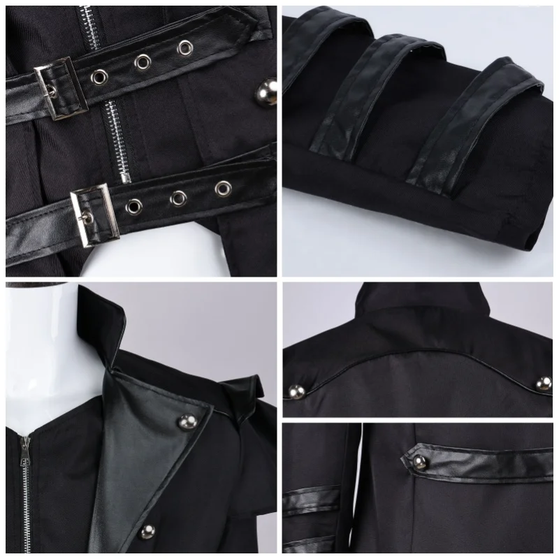 Men's Steampunk Gothic Long Trench Coat Jacket Double Breasted Zipper Punk Tops Cosplay Medieval Costume Black With Free Mask - view 6