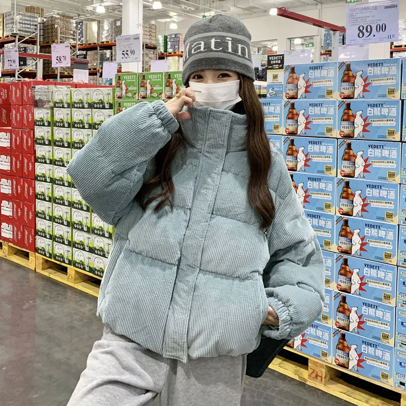 

High Collar Corduroy Short Down Cotton Coat for Women Winter New Thickened Student Bread Coat Zipper Style Cotton Jacket