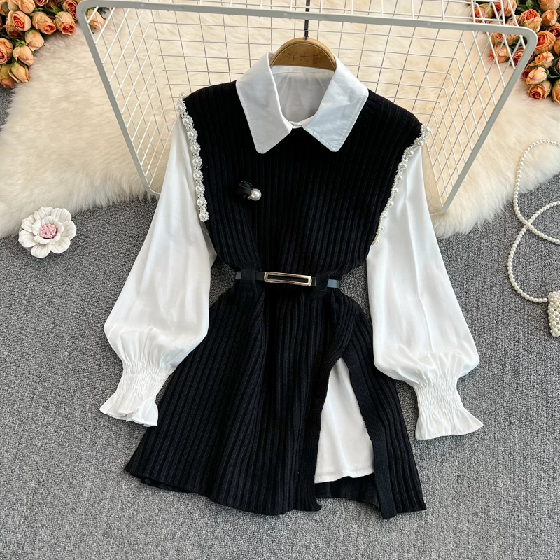 Pearl lantern shirt 2 two piece set women knitted vest 2024 spring autumn womens Long sleeve Shirts sets Sleeveless Sweater tops