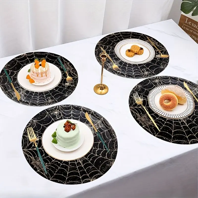 VIKAMA Hot Pot Gold Spider Web Spider Round Meal Mat Thermal Insulation Fabric Table Mat Retro Gothic Halloween Table Decor