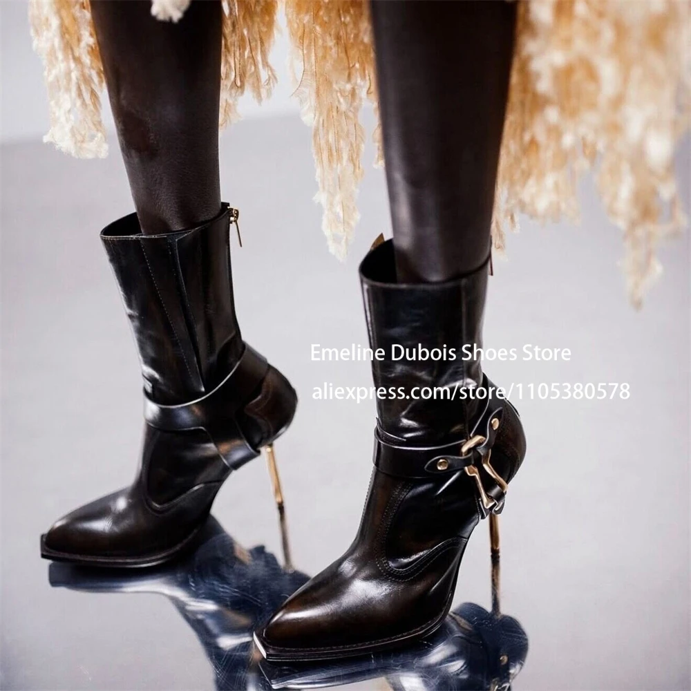 Snake Print Leather High Heel Ankle Boots Gold Metal Decor Stilettos Thin Heel Buckle Zipper Bootie Sexy Party Club Women Shoes