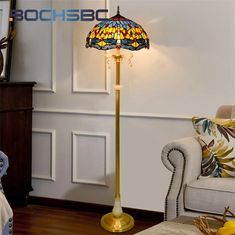 BOCHSBC Tiffany stained glass Pastoral style Yellow Dragonfly Floor lamp decor living room Study Coffee Shop standing lamp