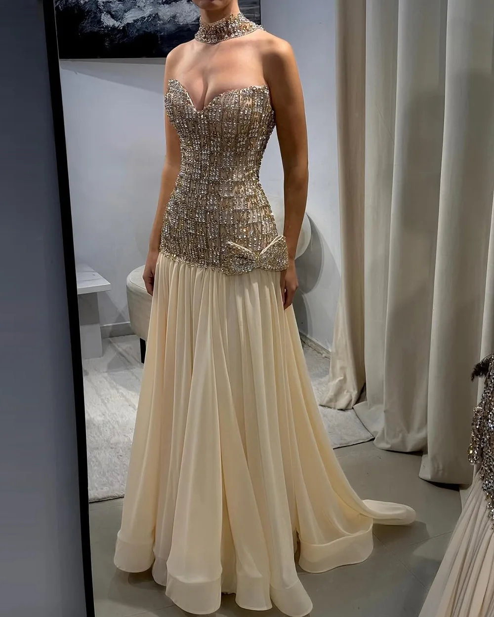 

Customized Strapless Evening Dresses A-Line Chiffon Glitter Crystal Embroidery Prom Dress For Women Floor Length Luxurious Gown