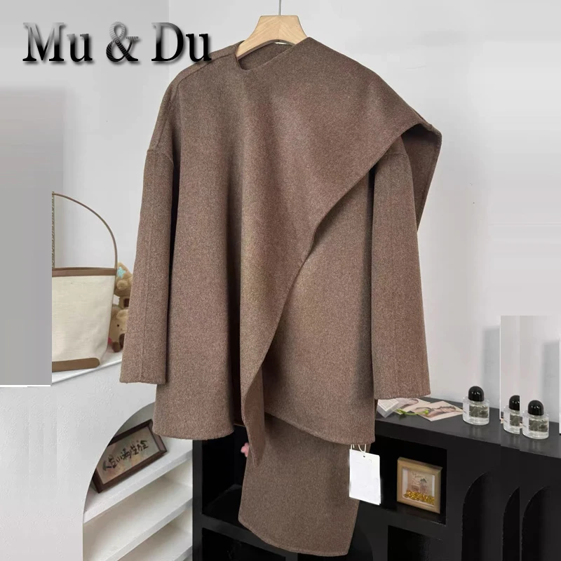 New Autumn Winter Deep Blue Wool Cowl Neck Scarf Wrap Shoulder Coat Jacket Casual Style Women's Fashion Outerwear Tops