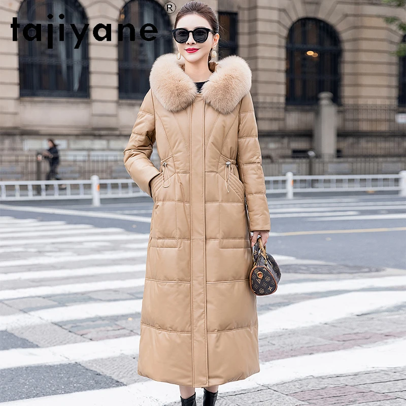 TAJIYANE Real Leather Puffer Jacket Women 100% Sheepskin Long White Goose Down Coats with Fox Fur Collar Winter Clothes 2025