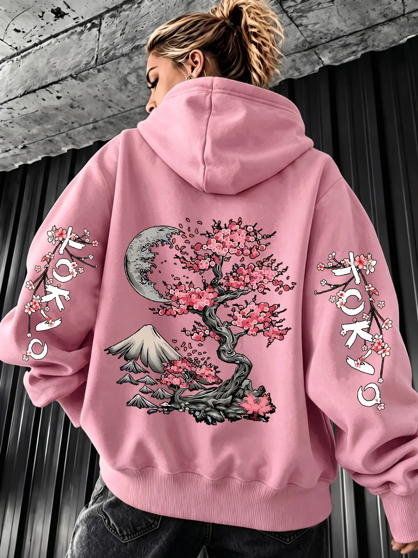Japanese Tokyo Pattern Print Hoodies Women Autumn Winter Fashion Harajuku Streetwear Y2K Long Sleeve Fleece Pullover Sweatshirts