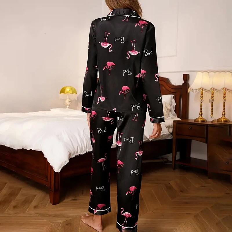 Women's Long Sleeve Flamingo Print Pajamas Pj Set Soft Satin Lapel Collar Button Tops & Long Pants Pyjama Femme Casual Sleepwear