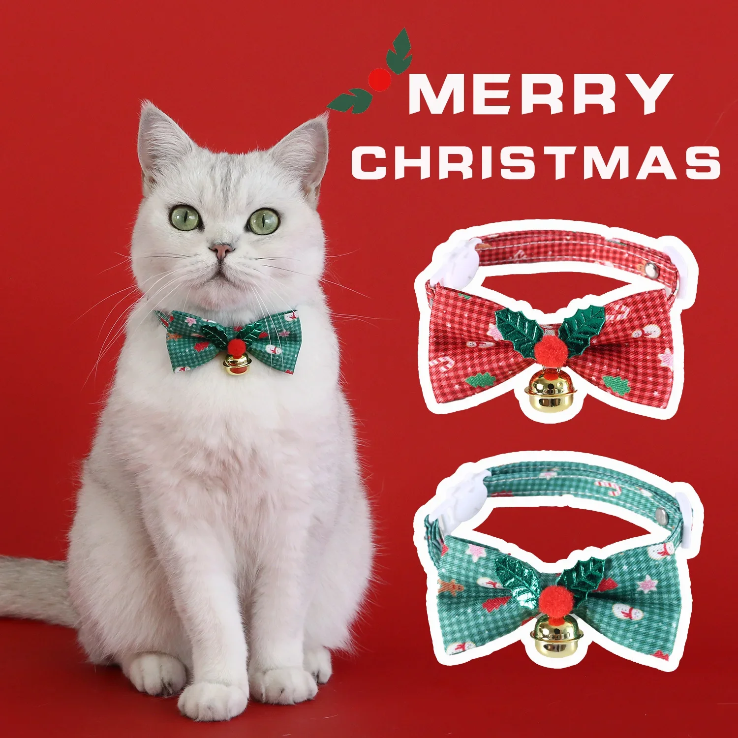 Cat Necklace Christmas Bow Collar with Bell Puppy Grooming Accessories Dog Bow Adjustable Soft Anti-choking Collar Para Gatos