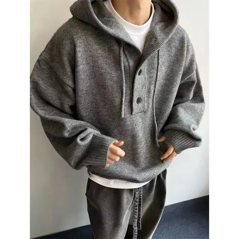 

American Retro Casual V-ne Knitted Sweater Men Pure Color Outerwear Autumn Winter New Sle Loose Fit Long Sve Coat