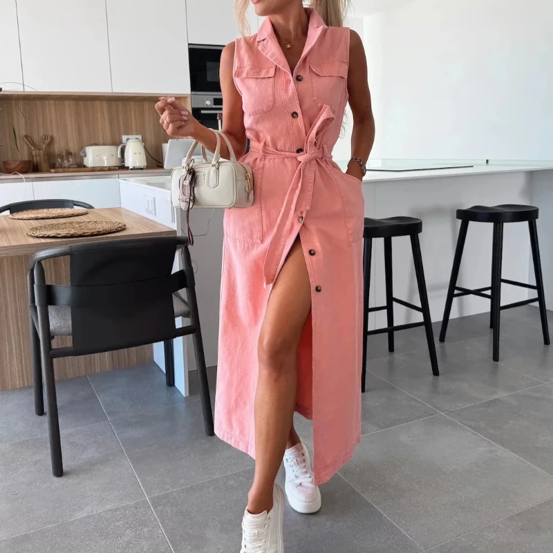 

2025 Summer New Women Sleeveless Long Style Strap Waist Single breasted Cowboy Dress
