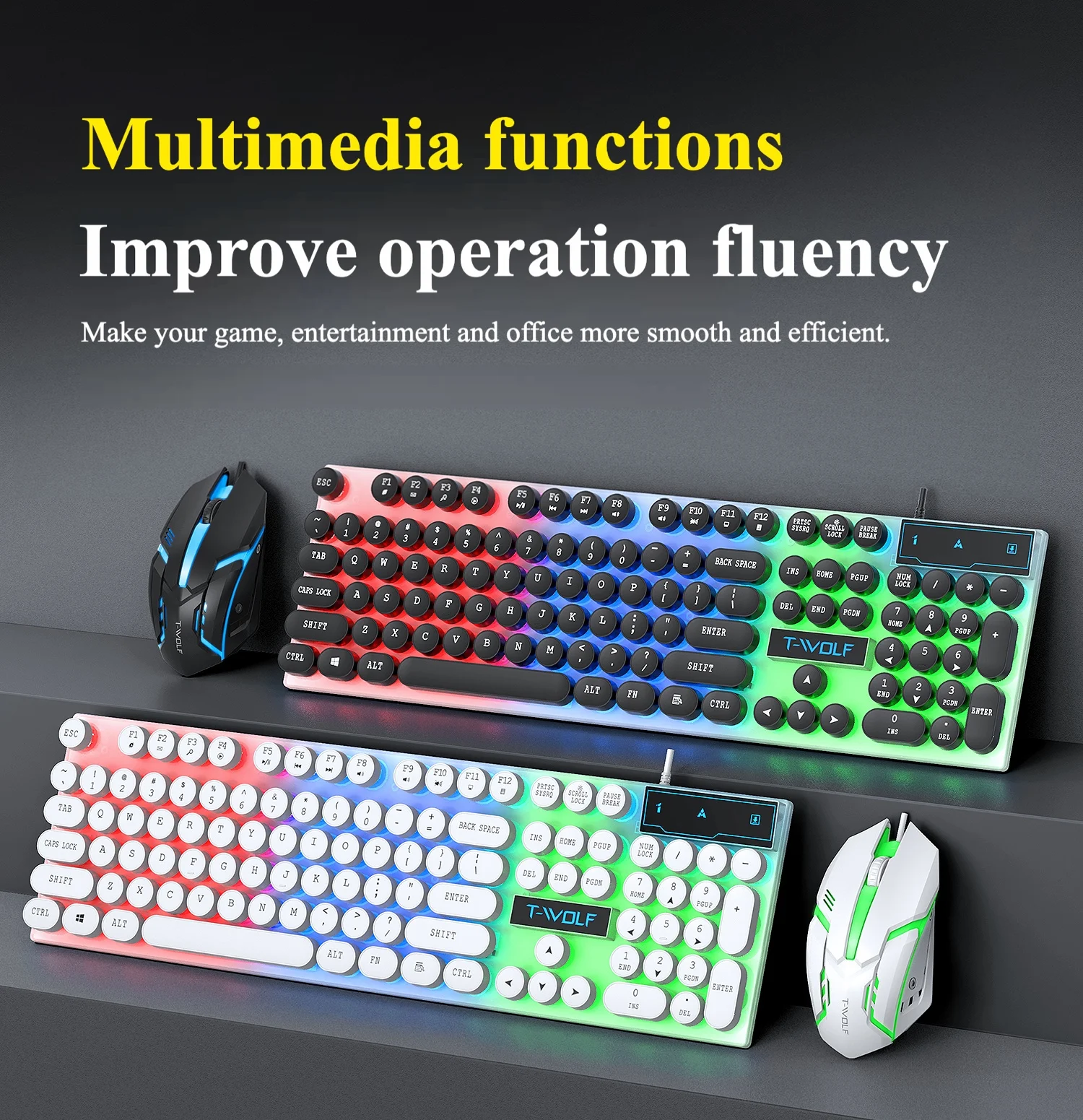 T-WOLF TF210 RGB Backlit Gaming Keyboard and Mouse Combo Set, Wired USB, Punk Round Keycaps, 1000 DPI Optical Gaming Mouse for P