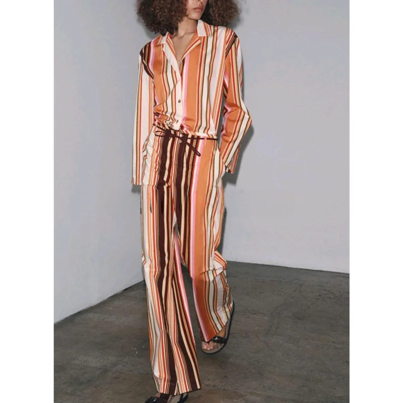 

Cotton Pajama Sle irt with Bell Bot Striped mid Waist Casual Faion Women's Two-Piece Set Autumn Collection