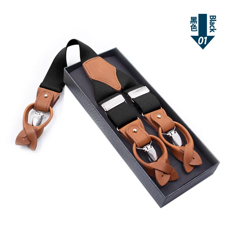 Leather Suspenders Men 3.5cm Y-Back 3 Clips Male Suspensorios Adjustable Elastic Trouser Braces Strap Belt Suit Accessories