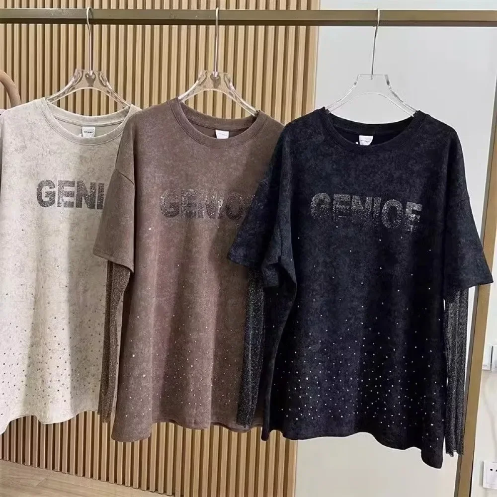 Plus Size 150kg Letter Stamping Diamonds T-shirts Women 2024 Gold Silk Long Sleeve Lady Tops False Two-piece Spring/summer Tees