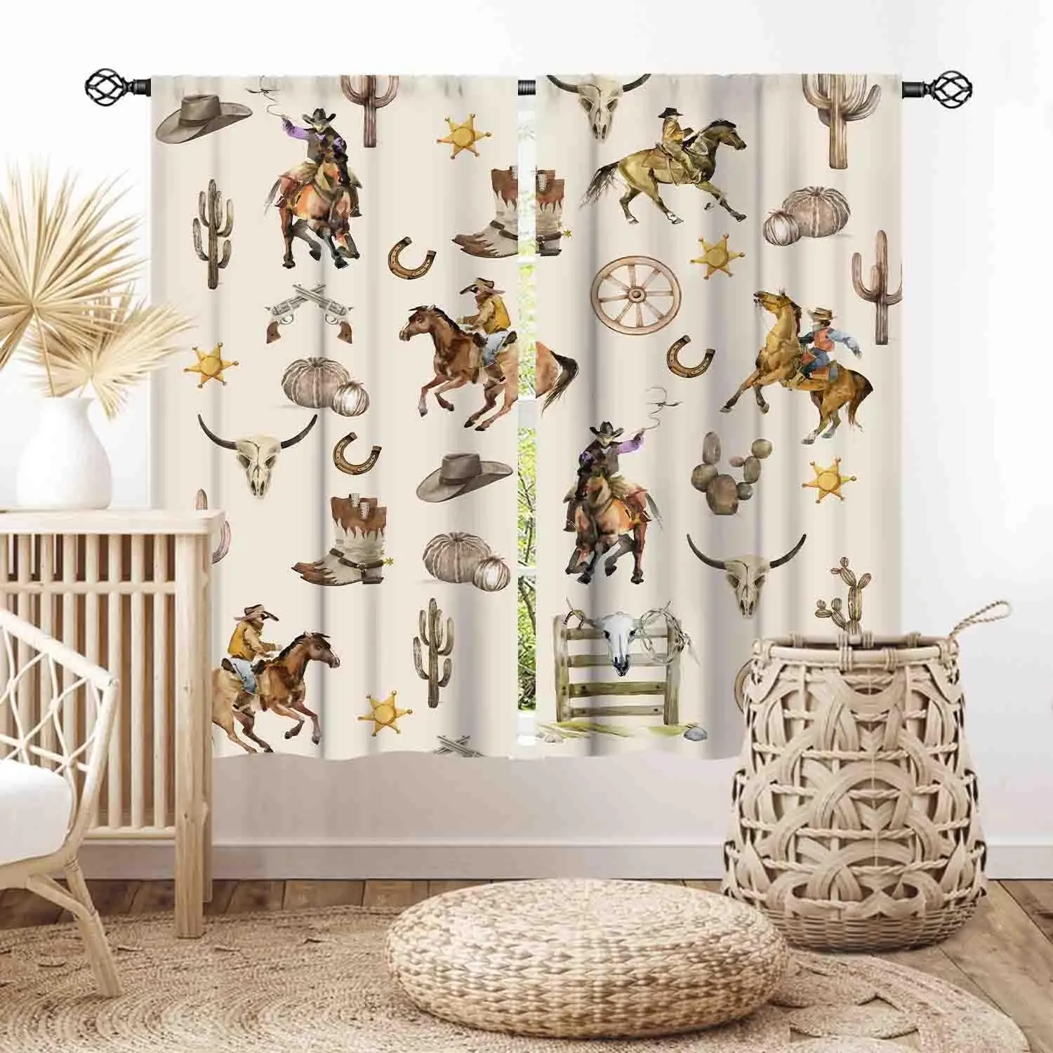 Western Cowboy Watercolor Curtains, Horse Cactus Bull Skull Boot Horseshoe Beige Window Drapes for Farmhouse Bedroom Lodge Decor