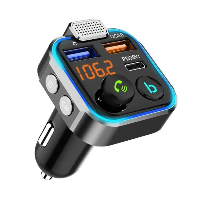 Car Bluetooth 5.0 FM Transmitter Audio Adapter One Key Bass Mp3 Player Large Microphone USB Music Play QC3.0 PD20W Quick Charger