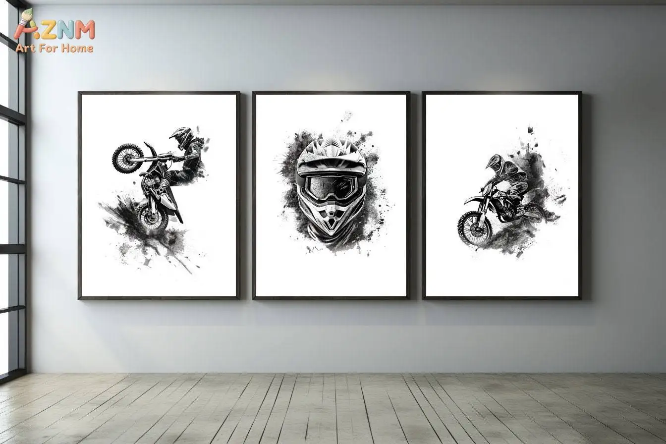 AZNM Motocross Print Set: Black & White Dirt Bike Art