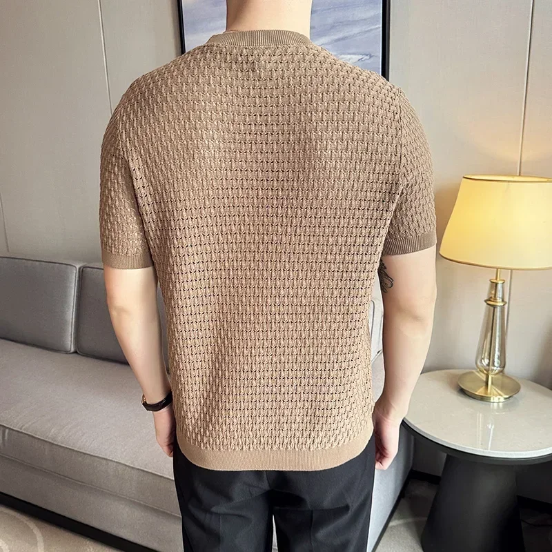 Men T-shirt 2024 Summer New Thin Ice Silk Knitted Hollow Out Round Neck Short Sleeve Elastic Slim Fit T-shirt Men Clothing Top