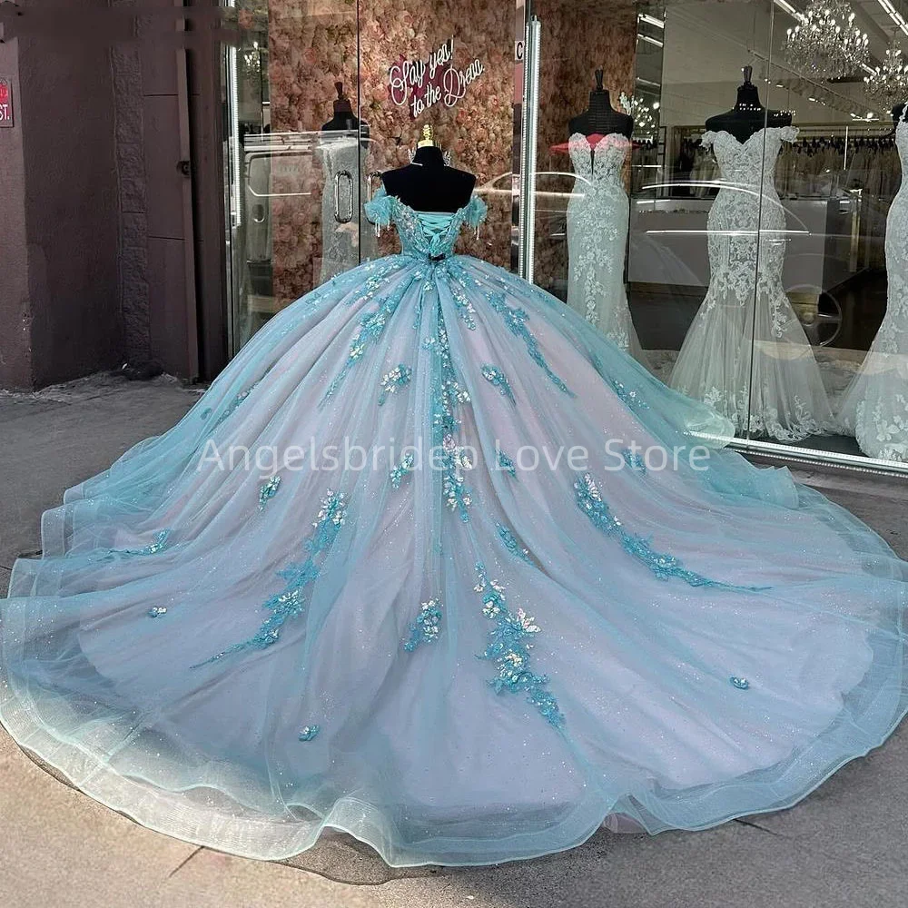 Angelsbridep luxuoso vestido de baile turquesa, vestidos Quinceanera com mangas borla, vestido de festa 15 anos