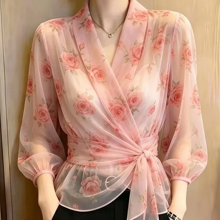 Elegant Romantic Pink Rose Print V-neck Waist-cinching Lantern Sleeve Top Women's Fashionable Casual Polyester Shirt