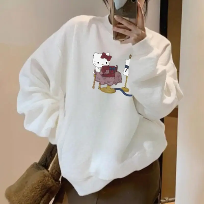 귀여운 고양이 프린트 긴팔 스웨트셔츠 여성용 캐주얼 아우터웨어 편안한 루즈핏 가을 겨울 신상 재미있는 만화 디자인