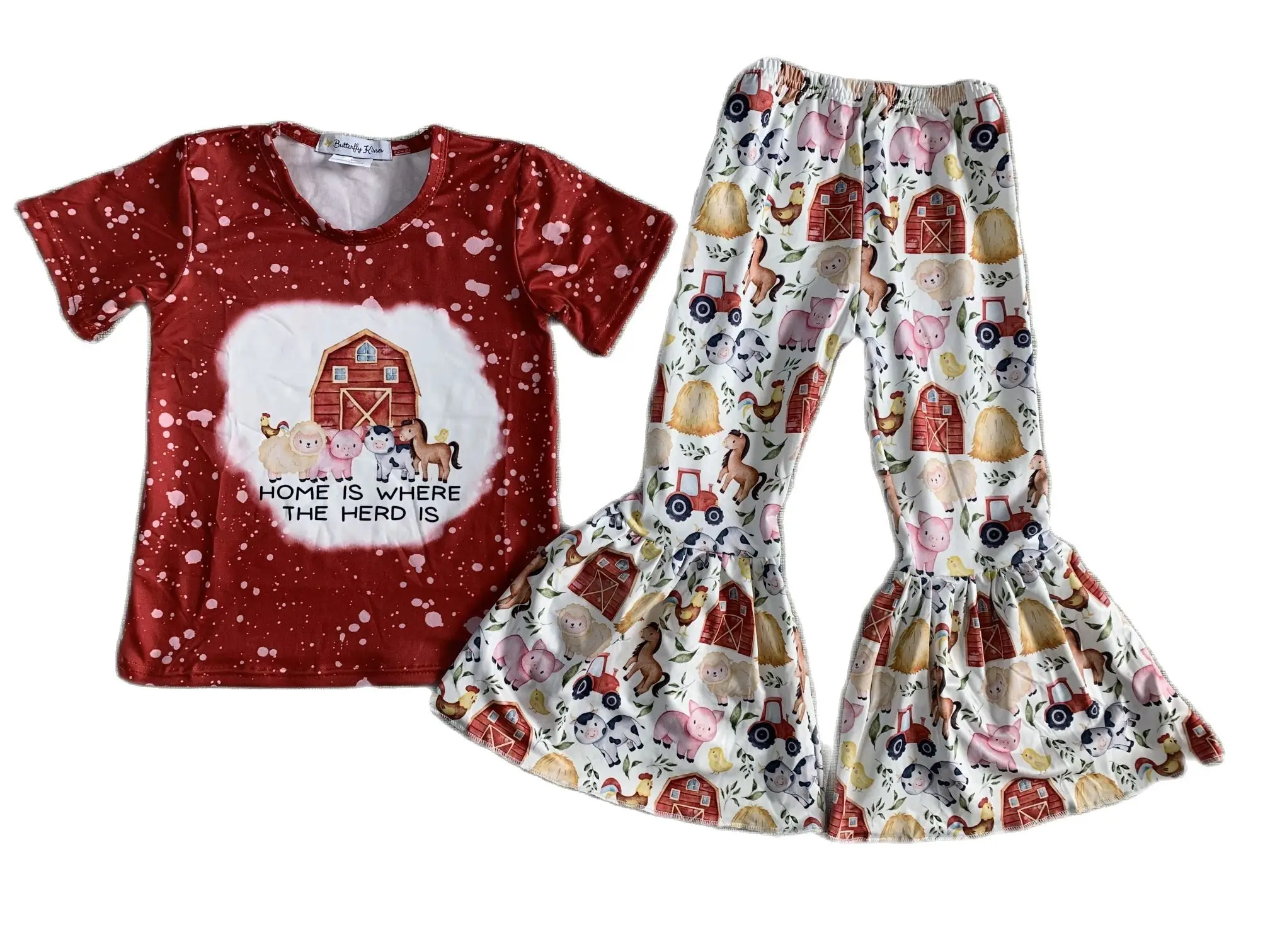 

Farm Series Animal House Print Pattern Summer Boutique Girls Suit Short Sleeve Top Bell Pants