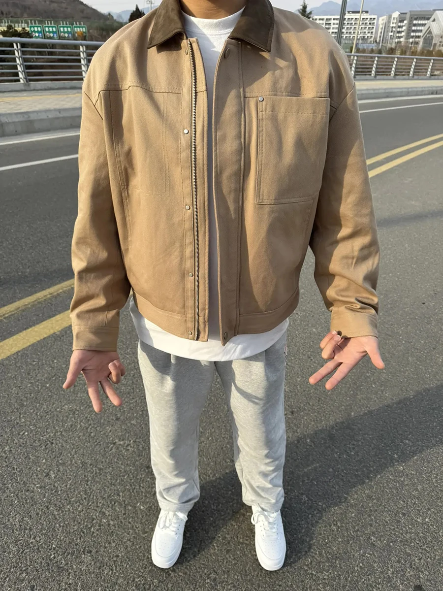 

Мужская бейсбольная куртка цвета хаки с воротником, весенне-осенняя, в американском ретро-стиле, Cleanfit, рабочая куртка Detroit, с декоративной молнией