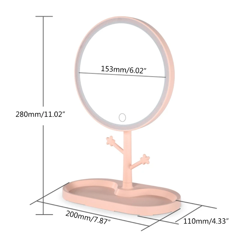 D0AB Настольное зеркало для макияжа со светодиодной подсветкой и крючками на базе USB Перезаряжаемая портативная лампа с зеркало
