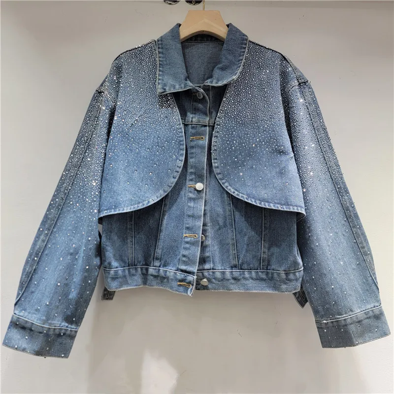 

2025 New Bright Diamond Embellished Shiny Eye-catching Short Cut Straight Long Sleeve Vest Two-piece Jacket Denim Coat Women