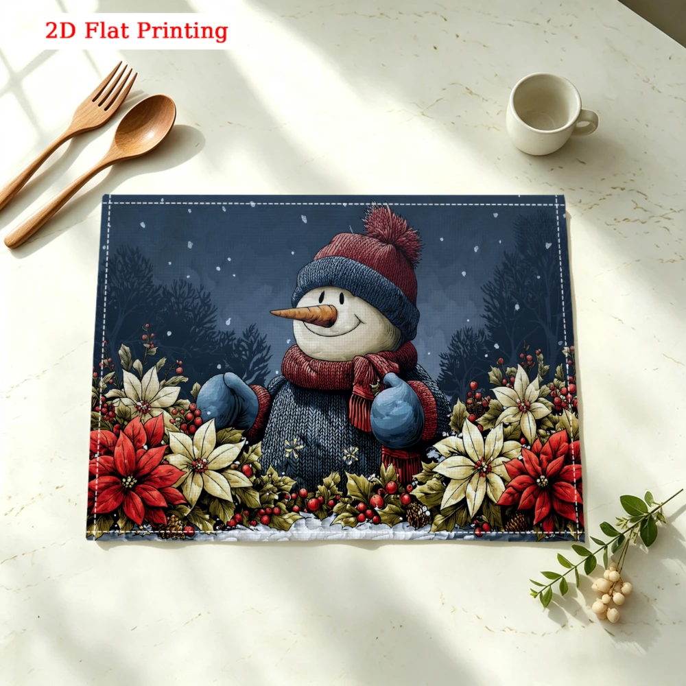 Snowman Winter Floral Design Print Kitchen Placemat Coaster Linen Pad Dish Coffee Cup Table Mat 30x40cm Home Decor
