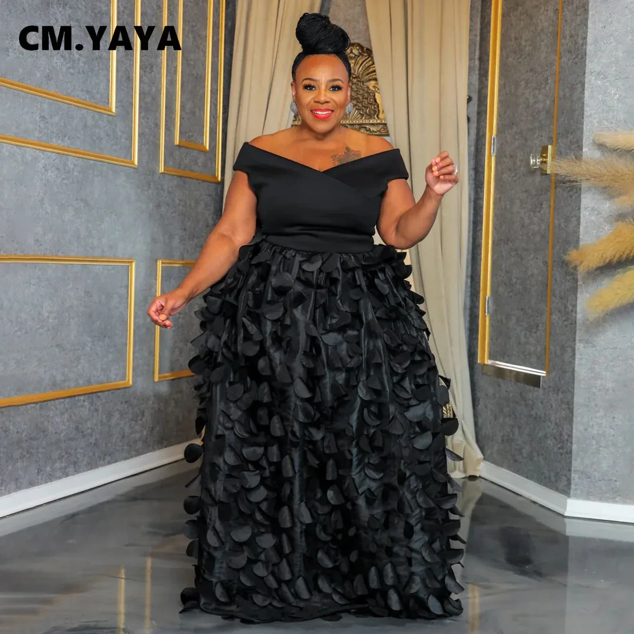CM.YAYA فستان ماكسي نسائي مقاس كبير بأكمام قصيرة ورقبة مائلة وأرجوحة كبيرة فضفاضة لخريف 2024 فساتين طويلة للحفلات المسائية