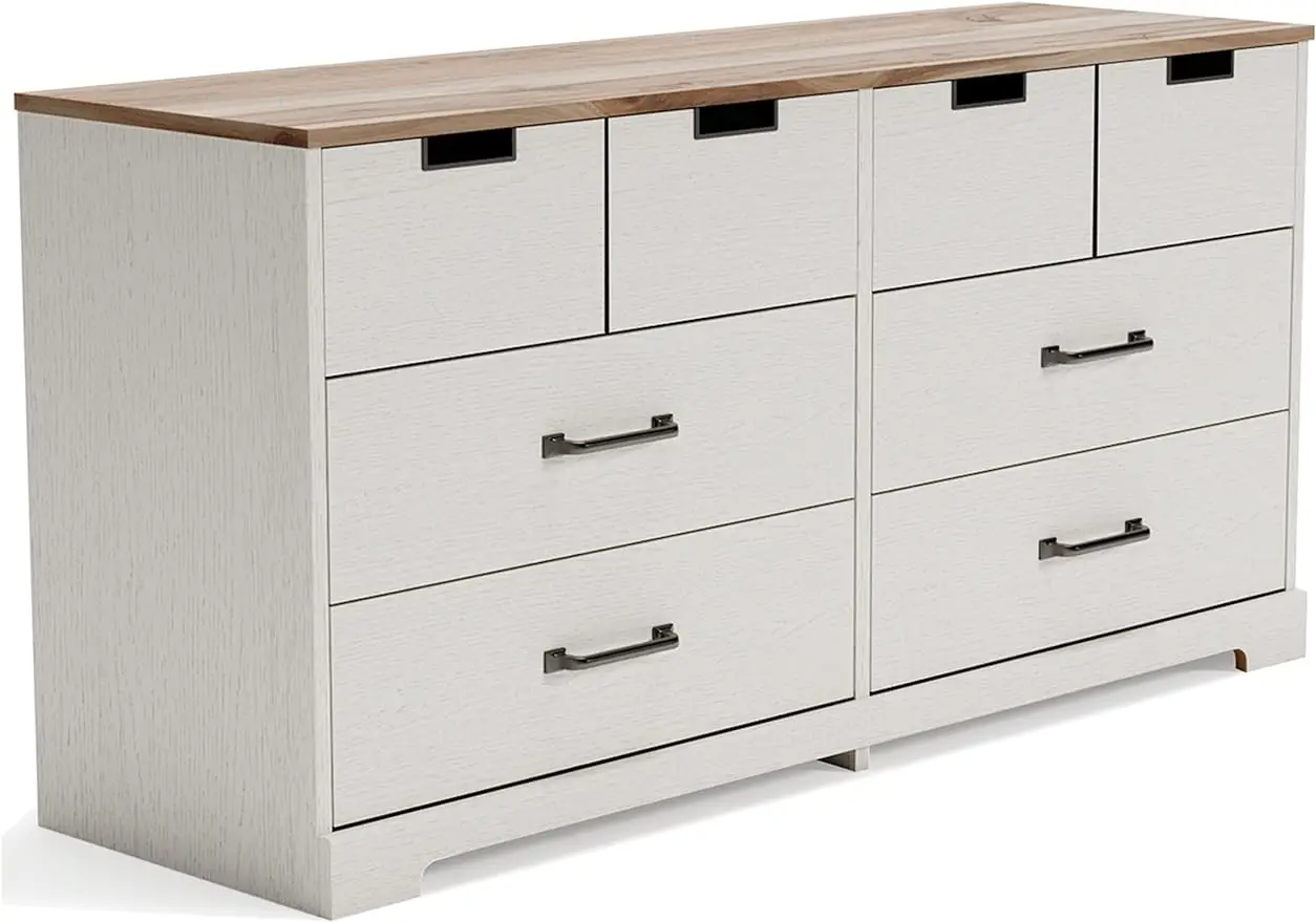 

Farmhouse 6 Drawer Dresser with Warm Brown Replicated Elm Wood Grain Top, Whitewash,19.33"D x 59.02"W x 28.78"H