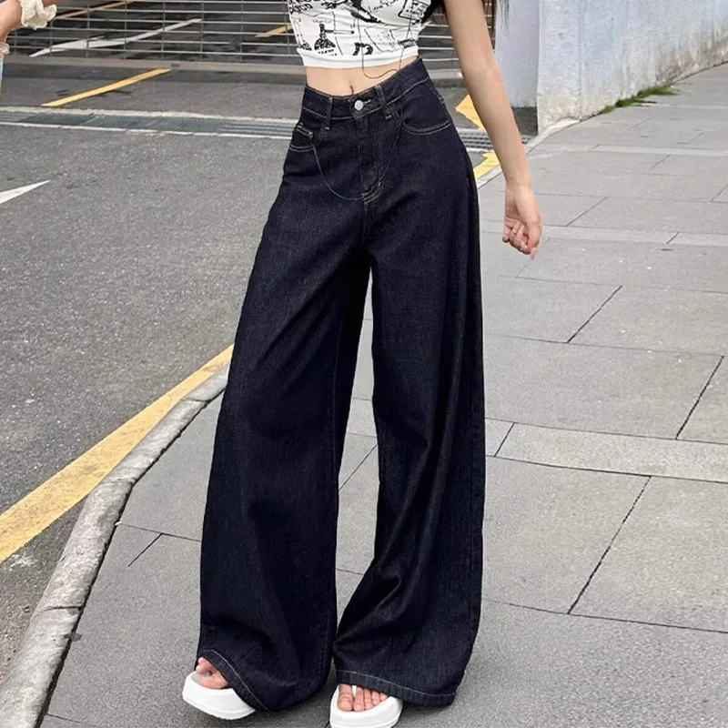 

Весенне-осенние свободные широкие женские джинсы, американские синие джинсы с высокой талией, женские повседневные брюки на пуговицах с карманами