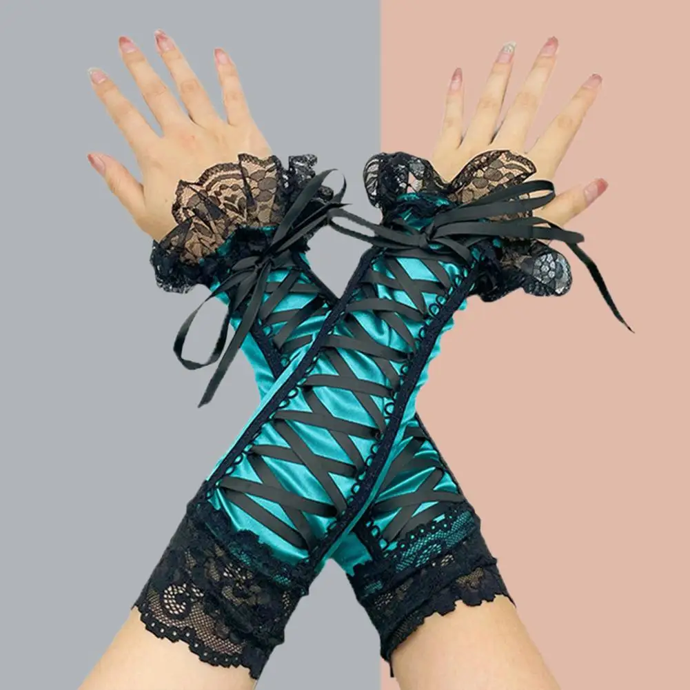 Fingerless Prom Oversleeves Cross Lace-up Arm Sleeves Cosplay Stage Performance Gloves Lace See-through Hollow Out Wedding Glove