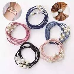 Korean Version Three-line Pearl Base Leather Band High Elastic Tie Hair Circle Hair Rope Hand-knotted Head Rope