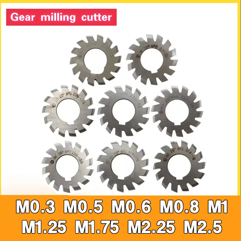 Milling Cutter Gear M0.3 M0.5 M0.6 M0.8 M1 M1.25 M1.75 M2.25 M2.5 M3 M4 M5 Cutting Tool Modulus PA20 Degrees NO.1-NO.8 HSS Gear