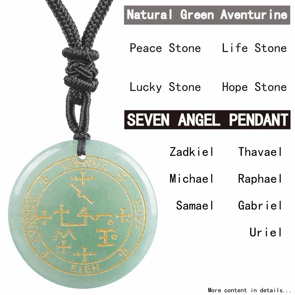 Natural Green Aventurine Carved Seven Angel Round Pendants Archangel Spiritual Power Protection Amulet Symbol Jewelry Necklaces